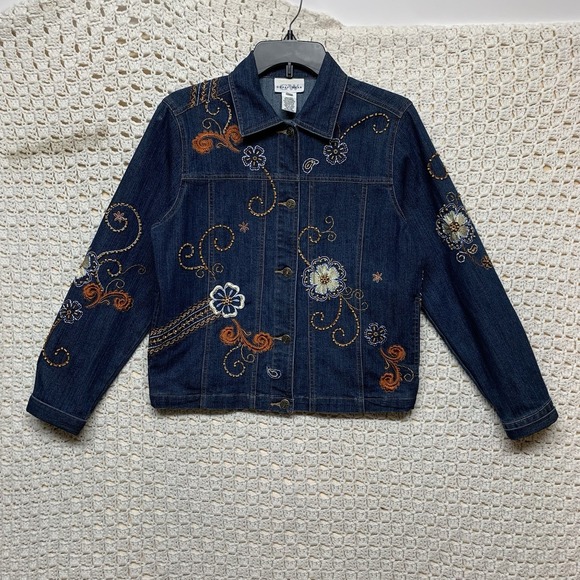 Graff Wear Jean Jacket Women S  Blue Denim Embellished Embroidered Spring Floral - Picture 1 of 11